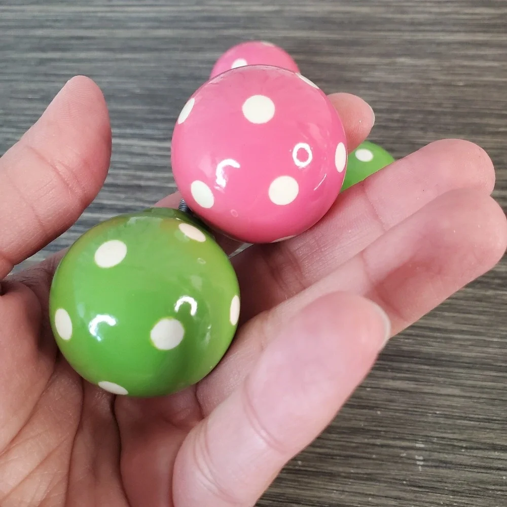 Polka Dot Ceramic Ball (4) Drawer Pulls Round Handles - 2‎ Lime Green, 2 Pink